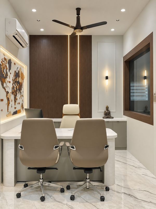 Director's cabin with a white desk, beige leather chairs and a walnut panel wall with two lit strips
