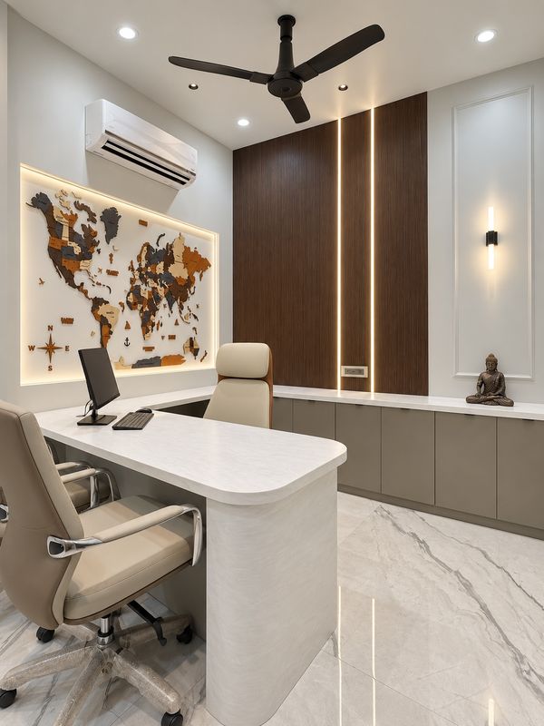 Director's cabin with a backlit wooden world map, a curved white desk and low grey storage with a Buddha
