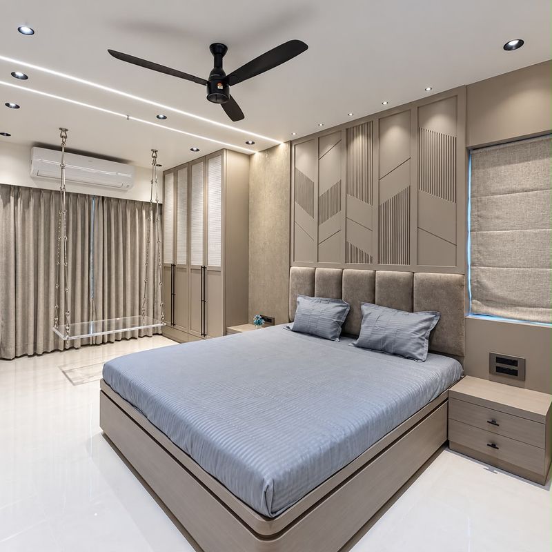 Bedroom with a glass swing by the curtains, a panelled headboard wall and a grey bed